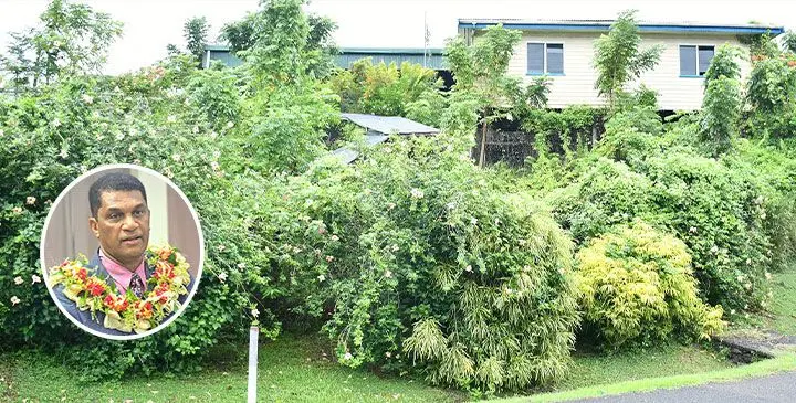 The partially burnt Vatuwaqa Primary School building, now covered with overgrown grass, along Laucala Bay Road in Suva. Photo: Ronald Kumar. Inset: Minister for Education Aseri Radrodro.