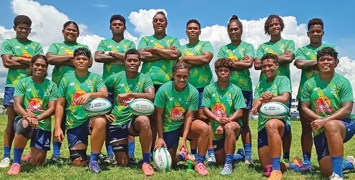 Rooster Chicken Fijian Drua lock Carletta Yee (front row, second from left) and Rusila Nagasau (front row, far right) with members of the team after their Captain’s run on March 14, 2025. Photo: Waisea Nasokia