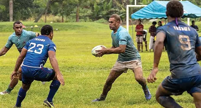 Suva’s first five eight Enele Malele (with ball) on attack against Yasawa during their Skipper Cup Round 3 match at Bidesi Park, Suva on March 9, 2024. Photo: Sereana Salalo