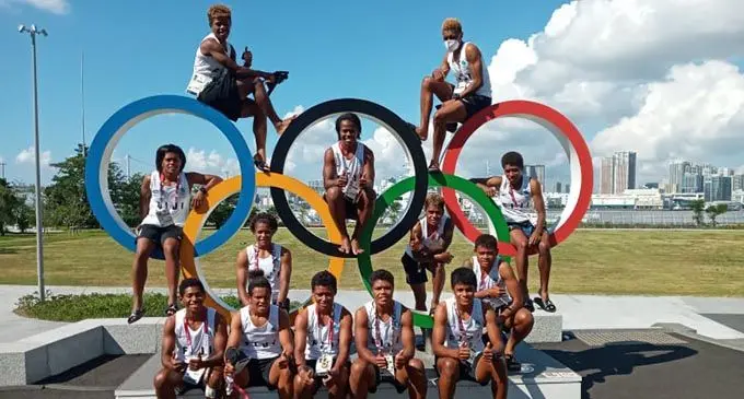 Team Fiji women’s rugby 7s team pose at an Olympic ring in Tokyo on August 3, 2021. Photo: Saiasi Fuli