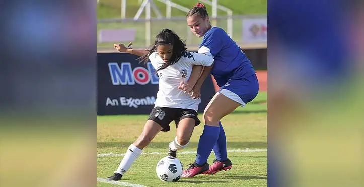 Digicel Fiji Under-19 striker Sonia Alfred (24) celebrates with Timaima Ana after scoring the first goal against Samoa in the OFC Women’s U19 Championship semifinal at the HFC Bank Stadium in Suva on July 5, 2023. Photo: Ronald Kumar