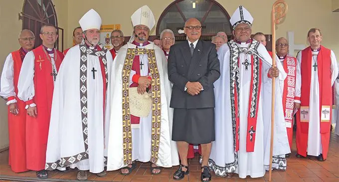 President Jioji Konrote (front middle), with newly-installed Anglican Archbishop of the Diocese of Polynesia Reverend Fereimi Cama (front right), the New Zealand Archbishops and high-ranking members of the Anglican Church at the Holy Trinity Cathedral in Suva on March 10, 2019. Photo: Simione Haravanua