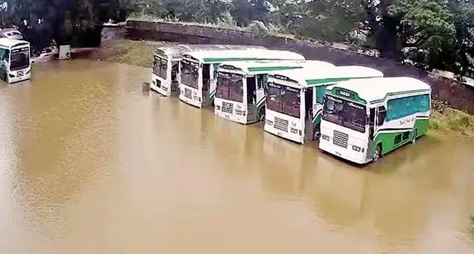 Busses at the Classis Busses yard in Nadi caught amidst floodwaters 