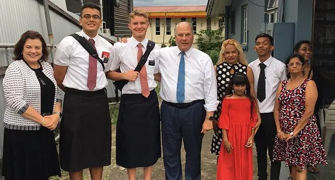 From left: Sister Melanie Rasband, Elder Racule, Grandson Elder Ammon MacPherson, Elder Ronald Rasband with Zareena Bi, Son Zeral Ali and Daughter Aaliyah R Chand (front) in Nabua, Suva, on Thursday.  Photo: Renu Radhika