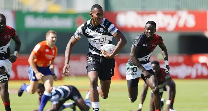 Fiji Airways Fijian 7s prop Joseva Talacolo in full flight to score the first try against Kenya in the first round of the Dubai Sevens tournament on November 27, 2021. Photo: World Rugby
