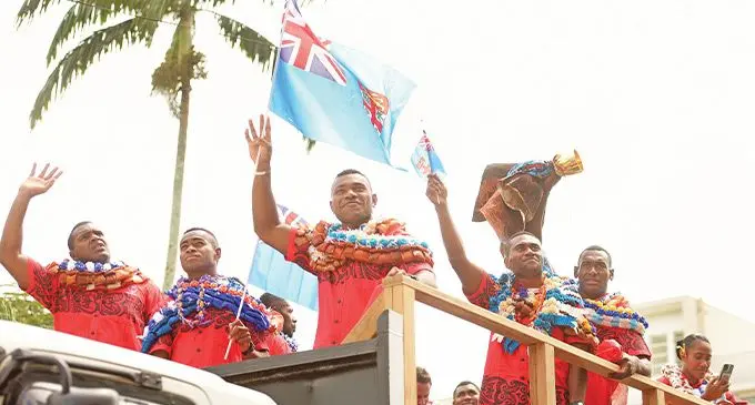 From left: Josua Vakurinabili, Viuviwa Naduvalo, Elia Canakaivata, Jeremaia Matana, Joseva Talacolo and Kristine Lilidamu during the World Cup win celebration in Suva on September 16, 2022. Photo: Ronald Kumar