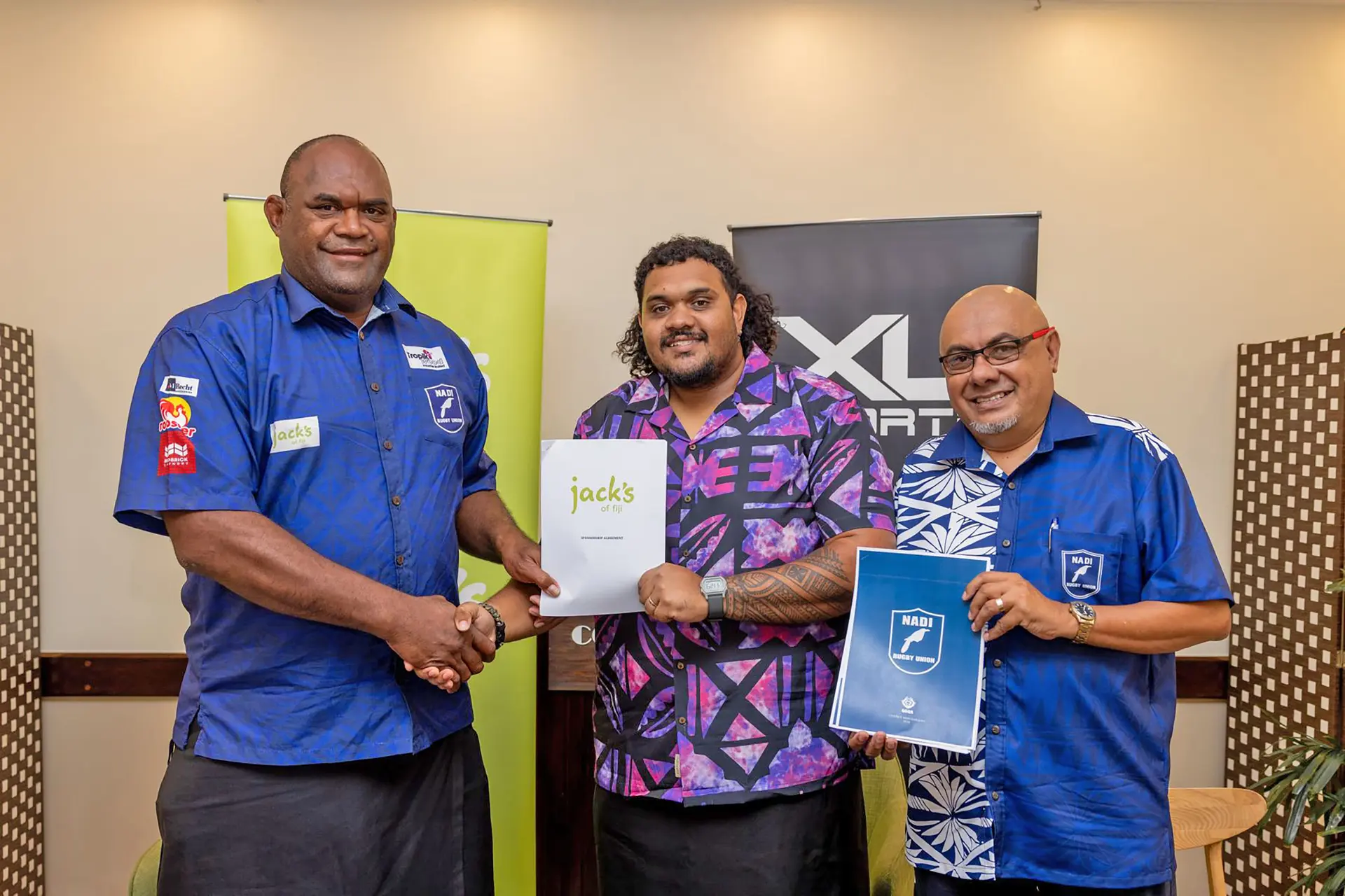 Nadi Rugby Union president Api Naevo, Jacks of Fiji sponsorship officer Jason Kumar, and NRU vice president Ben Padarath.
