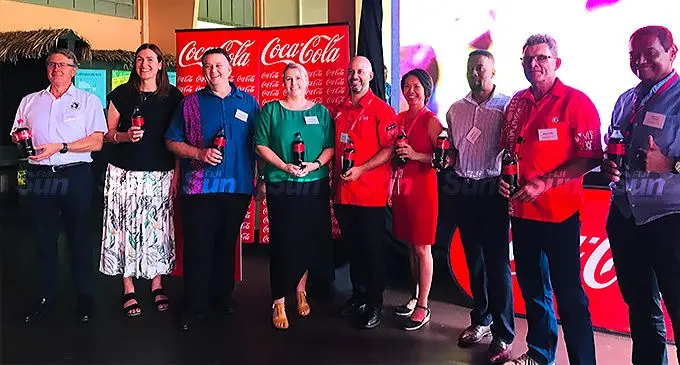 Group Head of CDS Implementation and Packaging Sustainability at Coca-Cola Amatil Jeff Maguire, Public Affairs, Sustainability & Communications Manager, Coca-Cola Oceania (CCO) Kerry Gardner, Pacific Islands at Coca-Cola Europacific Partners Fiji General Manager Roger Hare, Franchise operations manager, CCO Jane Bennett , Chief Financial Officer, CCEP Fiji, Graham Rose, Head of People and Culture, CCEP Fiji, Emmy Ling-Elder, Technical Operations and Innovation Manager, Coca-Cola South Pacific Brian Ve , National Supply Chain Manager, CCEP Fiji Wayne Roff, Company Director, CCEP Fiji Lawrence Tikaram during the launch at Fiji Museum in Suva on May 10, 2022. Photo: Laisa Lui