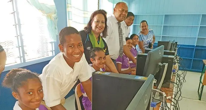 Lautoka Methodist Primary School students and teachers with ANZ Bank District Sales and Service manager West Maimun Singh (third from left), after the donation of computers and a printer to the school on November 18, 2020. Photo: Nicolette Chambers