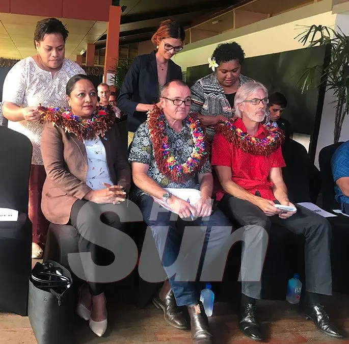 Sitting from left: Minister for Industry, Trade, Tourism, Local Government, Housing and Community Development, Premila Kumar, Australian High Commisioner to Fiji John Feakes and International Finance Corporation Country Manager Pacific Thomas Jacobs garlanded during the launching of International Finance Corporation Ministry of Industry, Trade & Tourism (IFC-MITT) study titled  Assessment of the Economic Impact of Cruise Tourism in Fiji. Photo: Wati Talebula
