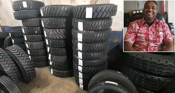 Retread tyres in stock at Fiji Bandag Pte Ltd. Inset: Fiji Bandag Pte Ltd general manager Lawrence Robert. Photo: Lusiana Tuimaisala