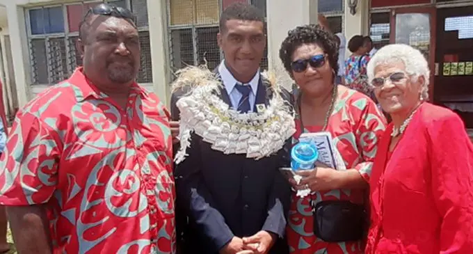 Proud dad Mosese Qionimacawa Snr (left) , RKS Head Boy Mosese  Qionimacawa, mum Vasiti Seruvatu and grandmother Vani Seruvatu at RKS on January 31, 2020.  Photo: Shalveen Chand