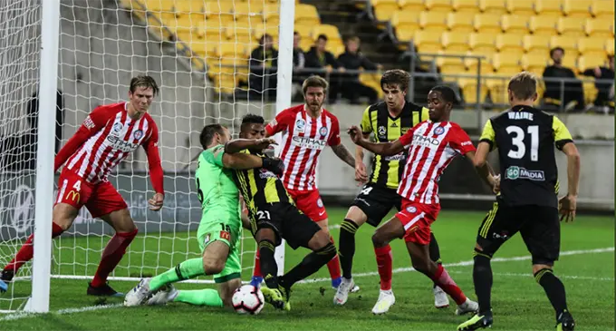 Wellington Phoenix striker Roy Krishna scores a 94th minute winner against Melbourne City in the A-League at Westpac Stadium in Wellington on April 21, 2019. Photo: Wellington Phoenix