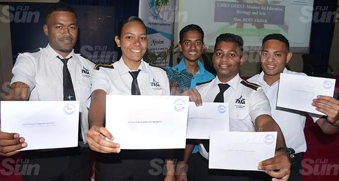 Fiji Maritime Academy students (from left) Jotama Lagilagi, Lavinia Sogosogo, Sohail Ali, Divnesh Prasad and Apakuki Waqakeya with their awards at the Fiji National University Nasinu campus on August 19, 2020. Photo: Ronald Kumar