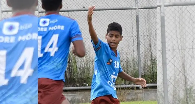 Nasinu Under-16 midfielder Maika Dau urges his team-mates on. The 13-year-old is the son of former Fiji and Rewa star defender Lorima Dau. Photo: Fiji FA Media