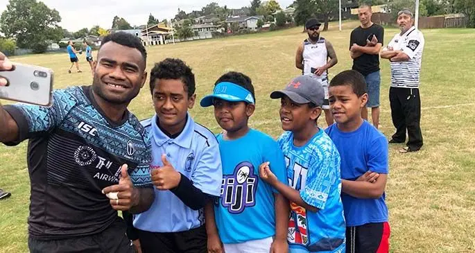 Fiji Airways Fijian 7s co-captain Jerry Tuwai takes a selfie with young fans after their training run at Fraser Tech Rugby Club ground in Hamilton, New Zealand on January 22, 2020. Photos: Asenaca Delaibatiki