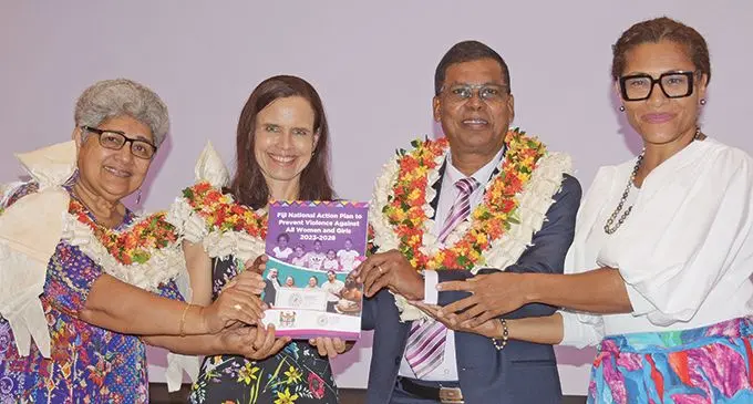 From left: Fiji Women’s Crisis Centre Shamima Ali, Australian Gender equality Ambassador Stephanie Campbell, Deputy Prime Minister Biman Prasad and Minister for Women Lynda Tabuya during the Fiji National Plan launch at GPH on June 2, 2023. Photo: Ronald Kumar.