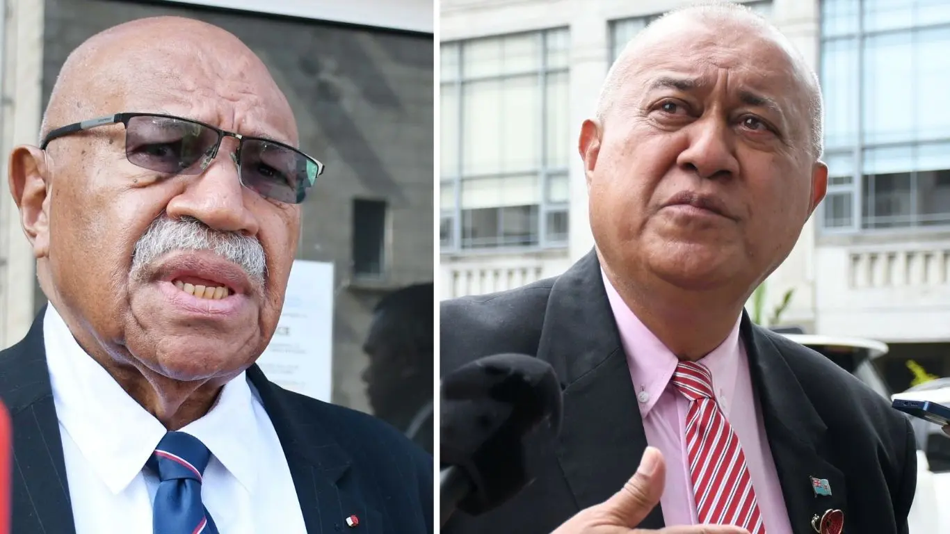 Prime Minister Sitiveni Rabuka (left), Minister for Policing and Communications Ioane Naivalurua  in Suva on October 14, 2026.