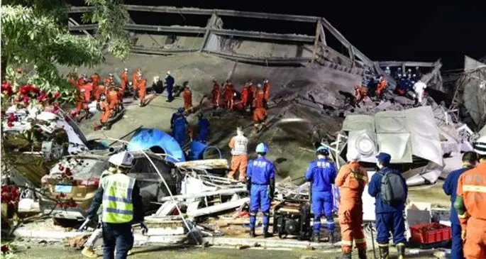 Accident site of a collapsed hotel in Quanzhou, southeast China's Fujian Province, March 8, 2020. (Xinhua/Lin Shanchuan)  