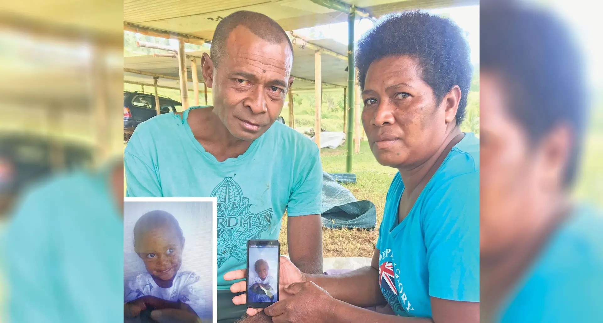 Mayaca Dorotea with her husband, Epeli Qiqi with a photo of grandson, Romane Turaganiwai at Saivou Village in Macuata on May 12, 2023. Photo: Shratika Naidu