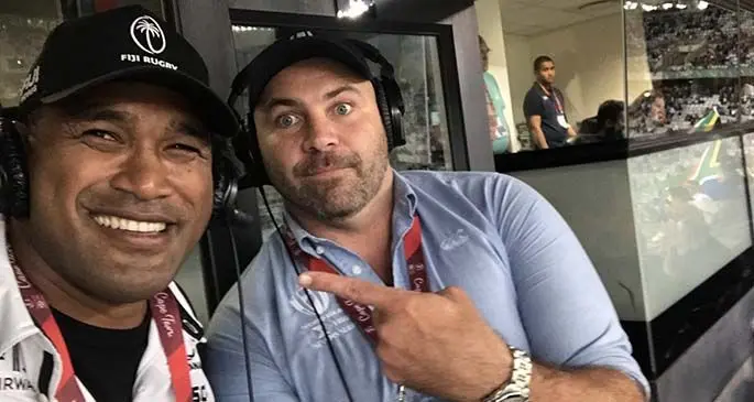 : Isake Katonibau with commentator Sean Maloney of Australia during the Cape Town Sevens. Photo: Isake Katonibau