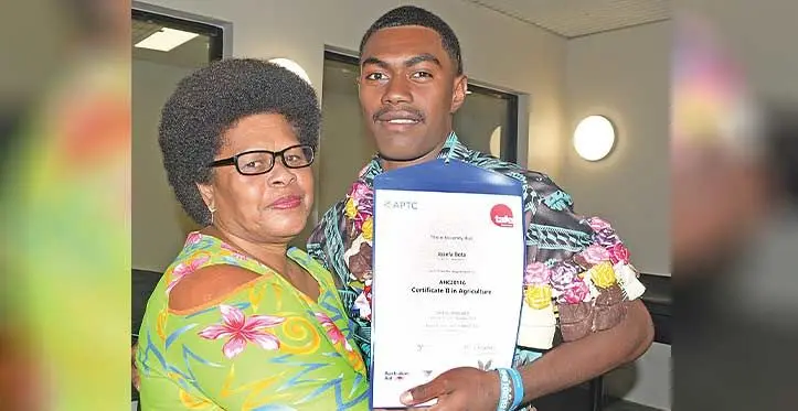Australian Pacific Training Coalition (APTC) Certificate II in Agriculture graduate Josefa Bota with mum, Lanieta Laukato at FNU Nasinu Campus on May 17, 2023. Photo: Ronald Kumar