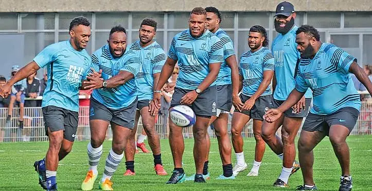 FIJI Water Flying Fijians (left-right) Sireli Maqala, Mesake Doge, Vinaya Habosi, Tevita Ikanivere, Iosefo Masi, Simione Kuruvoli, Semi Radradra and Luke Tagi during training in Pornic, France.