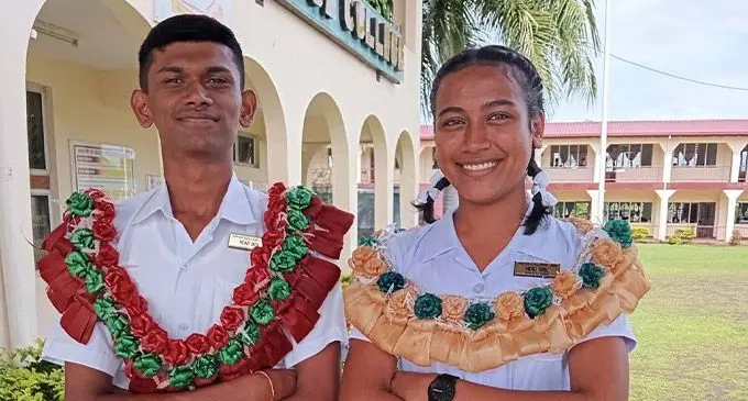 Tavua College head boy Shivinesh Naidu and head girl Riya Ritu Kumar after the prefect induction ceremony on February 24, 2023