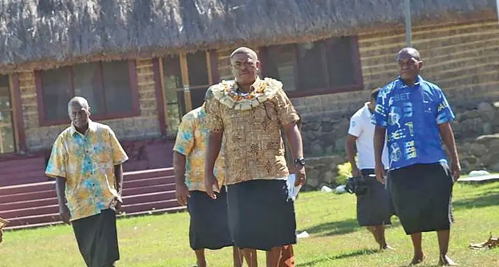 Tui Sabeto Ratu Viliame Mataitoga (with garland), and other village elders at Sabeto Village. 
