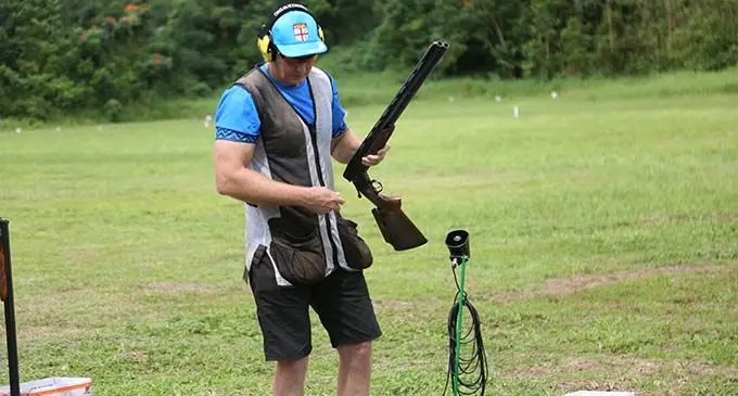 Fiji’s Glen Kable during the double barrel discipline at the Tafaigata shooting range in Apia, Samoa on July 17, 2019. Photo: Anasilini Natoga