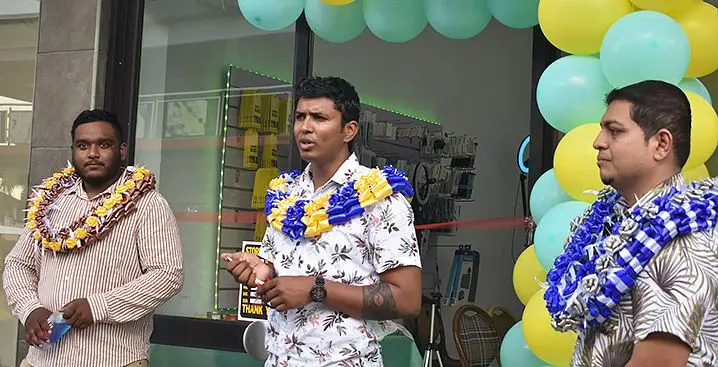 From left: Tech Hub director, James Sharma, Fijian Competition and Commerce Commission chief executive officer Joel Abraham and Special Adminsitrator Chair for Nadi and Sigatoka Councils, Lawrence Kumar at Tech Hub in Martintar, Nadi. Photo: Mereleki Nai.