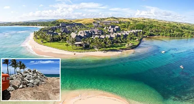 Aerial View Point from Navo island at the InterContinental Fiji Golf Resort & Spa, Nadi. Inset: Ongoing construction at the sea wall development Natadola Bay. Photo: IHG Hotels & Resort