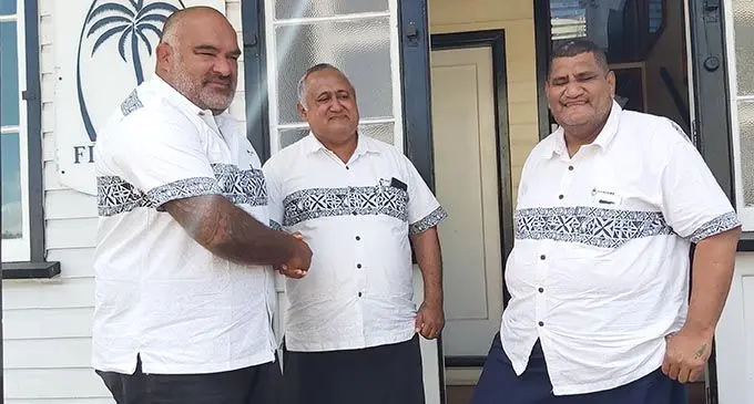 From left: New Fiji Rugby Union general manager high performance Simon Raiwalui, chairman Francis Kean and chief executive officer John O’Connor at Rugby House in Gordon Street, Suva on January 30, 2020. Photo: Sheldon Chanel