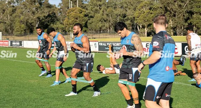 Mikaele Ravalawa (third from left) with his Vodafone Fijian Bati team mates during a training session in Sydney, Australia, on June 23, 2022. Photo: Simione Haravanua