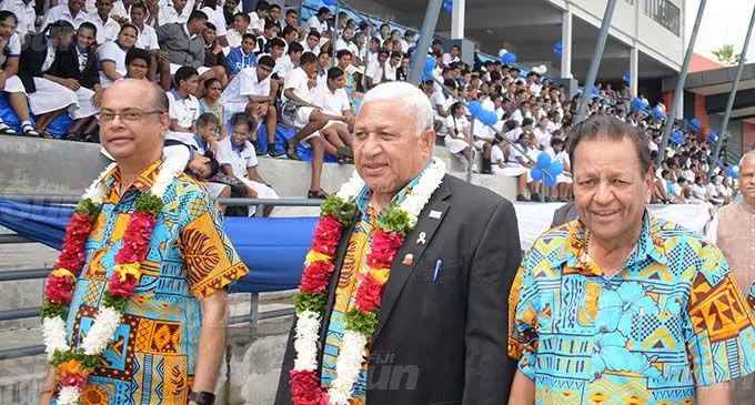 From left: Gujarat Education Society president, Kamlesh Kumar, Prime Minister Voreqe Bainimarama, Bachu Bhai Patel during the opening of Mahatma Gandhi Memorial High School’s new complex on November 5, 2020. Photo: Ronald Kumar