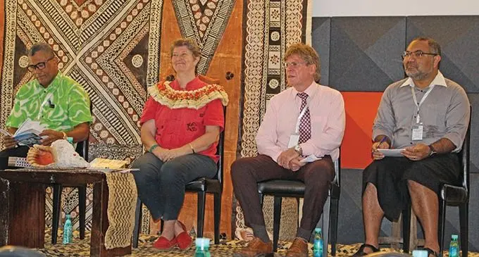 From left: Fiji National University’s College of Medicine, Nursing and Health Sciences Dean William May, Permanent Secretary for Ministry of Education Alison Burchell, FNU Pro Vice Chancellor Learning & Teaching James Pounder and College Associate Dean of Learning and Teaching Donald Wilson. Photo: Sydnee Gonzalez 