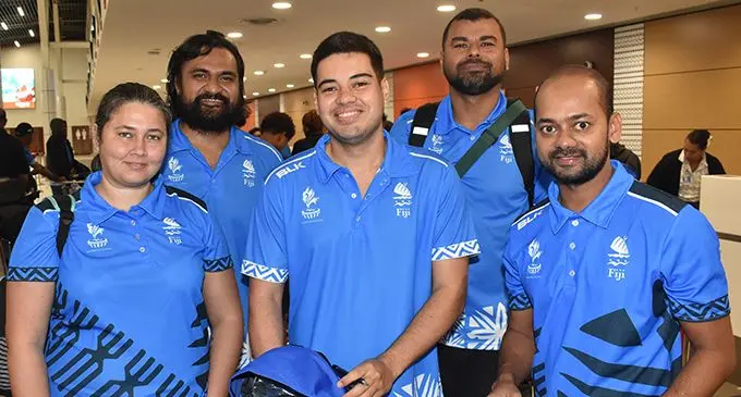 Team Fiji archery members from left: Lisa Leota, coach/manager Francis Dominiko (back), George Fong, Robert Elder (back) and Patrick Nadan at the Nadi International Airport on July 5, 2019. Photo: Waisea Nasokia