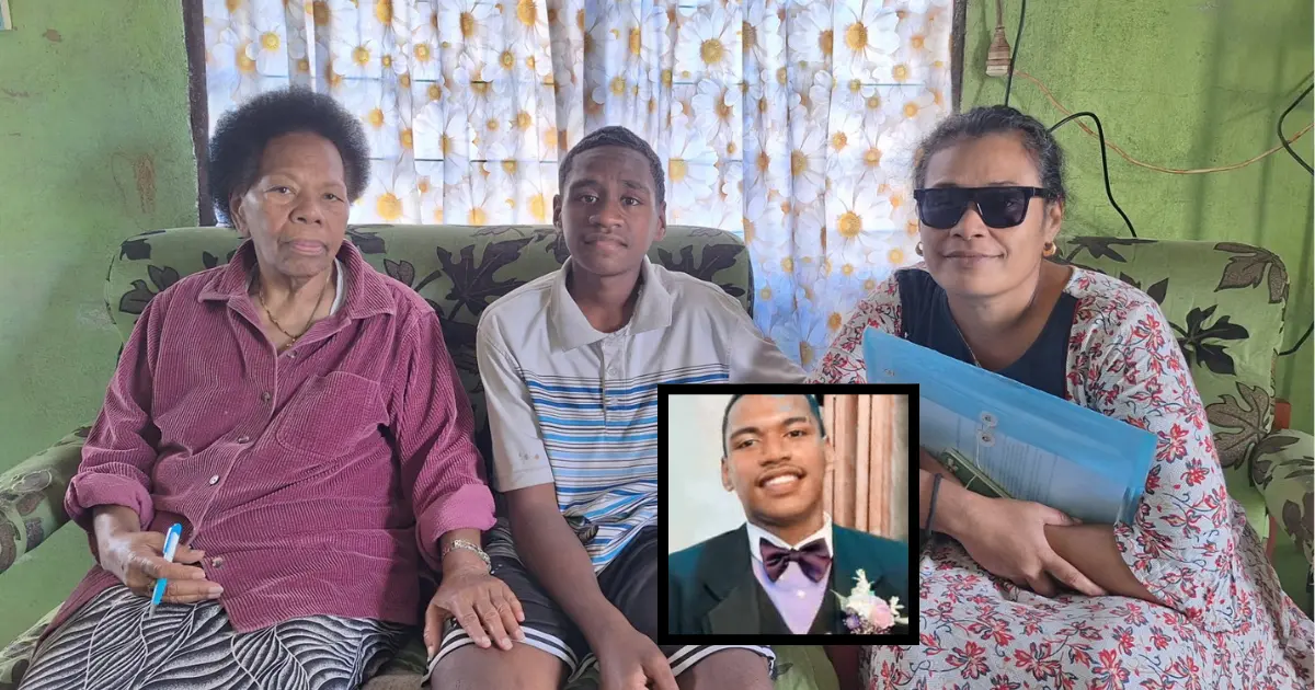 (L-R) Grandmother Alena Vunakece, brother Moses Vunakece, and mother Kelera Senioli, the family of the late 20-year-old Alifereti Vunakece.  Inset: Alifereti Vunakece. 