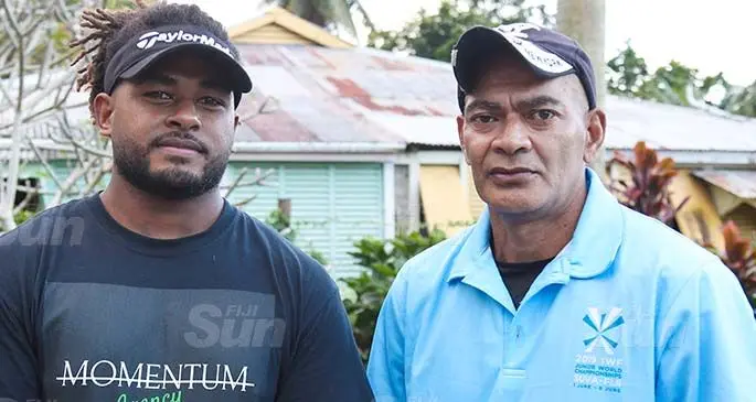 Promising weightlifter Niumai Rawaisavu (left), with his coach and former national rep, Sade Vira, in Levuka on July 14, 2020. Photo: Kelera Sovasiga