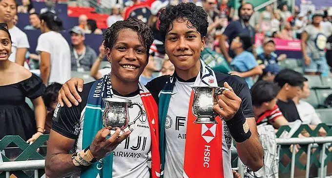 Fiji Airways Fijiana women’s rugby sevens speedsters Laisana Likuceva and Heleina Young after finishing fifth at the Hong Kong Sevens on April 7, 2024. Photo: World Rugby