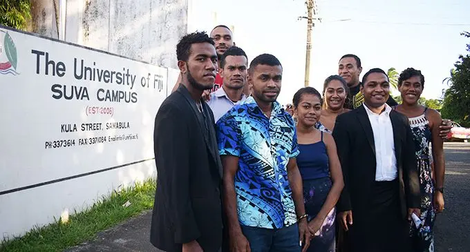 University of Fiji Justice Devendra Pathik School of Law Students Association President Filipe Bainivalu (front, second from right) with fellow law students at the University Samabula Campus in Suva. Photo: Ronald Kumar