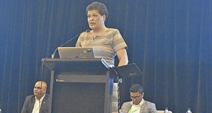 Department of Immigration acting director, Amelia Komaisavai speaking at the HOTEC Tradeshow on October 27, 2022