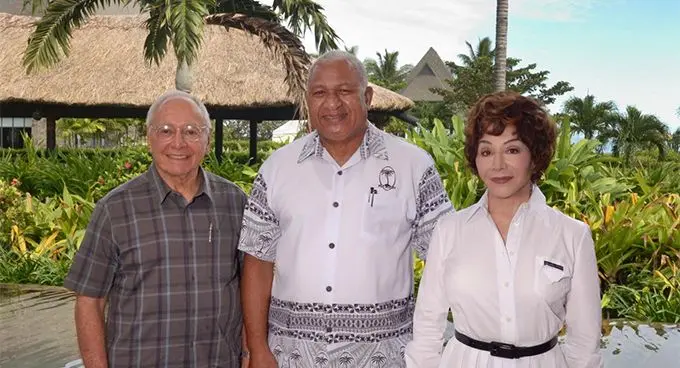 FIJI Water owners and billionaires Stewart Resnick and wife Lynda with the Prime Minister Voreqe Bainimarama on June 5, 2019.  Photo: Charles Chambers.