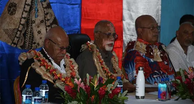 Prime Minister Sitiveni Rabuka {left), and Tui Nadi Ratu Vuniani Navuniuci and Ratu Isoa Gavidi at The People's Alliance general assembly in Lautoka on September 13, 2024. Photo: Waisea Nasokia 