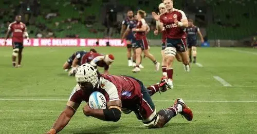 Queensland Reds lock Seru Uru dives over for the first of his two tries against the Rebels at the AAMI Park in Melbourne, Australia, on March 15, 2024. Photo: rugby.com.au    