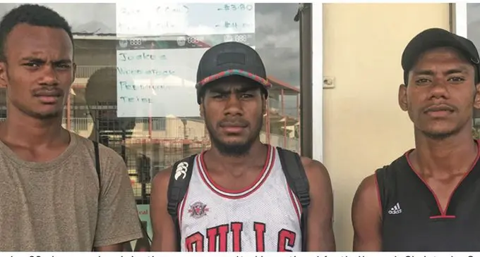 Three of the five Under-23 players who claim they were assaulted by national football coach Christophe Gamel, from left: Simione Nabenu, Kalaveti Sivoi and Kini Madigi. 