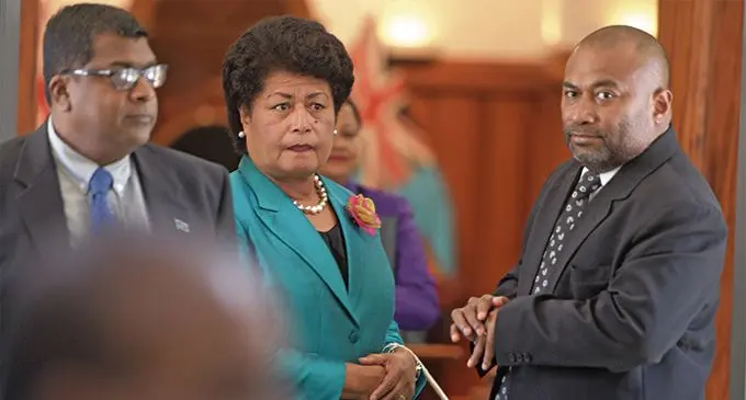 Minister for Agriculture, Rural and Maritime Development, Waterways and Environment Mahendra Reddy (from left) Opposition Member of Parliament Salote Radrodro with Minister for Health and Medical Services Dr Ifereimi Waqainabete outside Parliament on February 13, 2019. Photo: Ronald Kumar