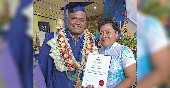 Maleli Belo Nakasava with wife Jiosifini Radinikabara during the Fiji National University graduation at Civic Centre in Labasa on March 14, 2023. Photo: Shratika Naidu