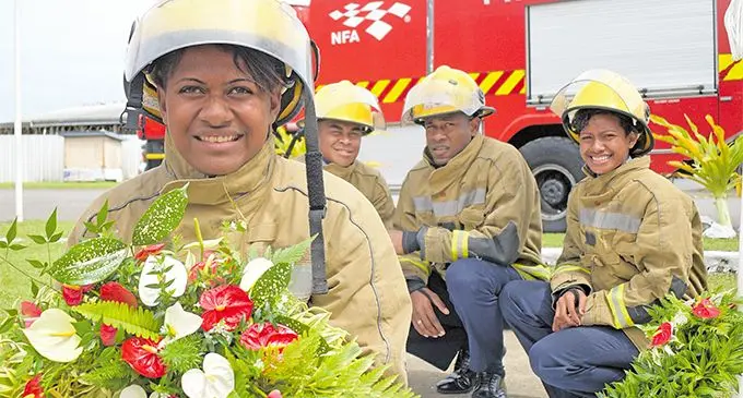 From left: National Fire Authority female firefighter Viniana Modu with fellow firefighters Kaminieli Bainivalu, Adelai Namedre and Milika Baleitamavua during the commemoration ceremony at the Suva Fire Station on September 11, 2019 to pay tribute to all our fallen firefighters in Fiji and abroad. Photo: Ronald Kumar