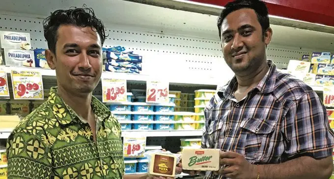 Businessman Nilesh Raj Narayan (left) and Krishan Gautam at Shop N Save supermarket in Valelevu, Suva on June 12, 2018.